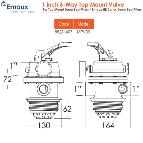 Шестипозиційний верхній клапан Emaux MPV06/88281403 - розміри